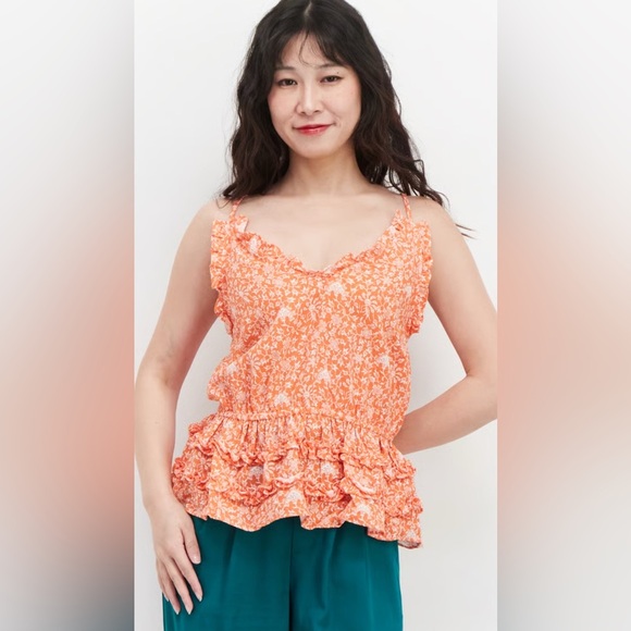 INC Ruffle Collar Floral Print Sleeveless Top Orange NWT Size Small - Picture 1 of 8